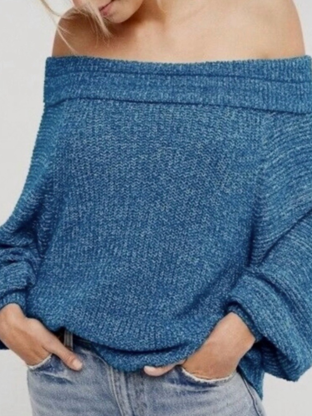 Free People Off-Shoulder Knit Sweater Balloon Sleeves S Small GUC Blue Speckled